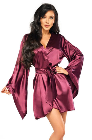 Luxulious Wide Long Sleeves Smooth Shiny Short Dressing Gown Peignoir & Thong Set - One Size