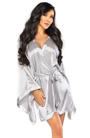 Luxulious Wide Long Sleeves Smooth Shiny Short Dressing Gown Peignoir & Thong Set - One Size