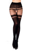 Gorgeous Plain Black Red Swirls Back Seam Faux Suspender Crotchless Tights