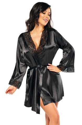 Elegant  Smooth Silky Satin Stunning Floral Lace Trim Long Sleeves Short Peignoir Robe & Thong Set One Size