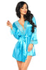 Elegant  Smooth Silky Satin Stunning Floral Lace Trim Long Sleeves Short Peignoir Robe & Thong Set One Size