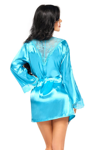 Elegant  Smooth Silky Satin Stunning Floral Lace Trim Long Sleeves Short Peignoir Robe & Thong Set One Size