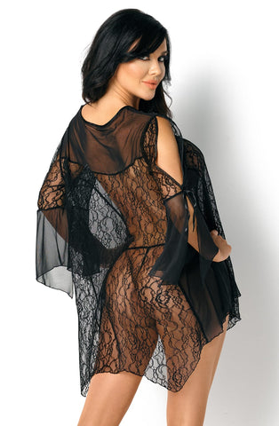 Luxurius Sheer Black Mesh Black Lace Slit Sleeves Satin Ribbons Loose Chemise Short Robe & Thong Set