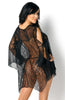 Luxurius Sheer Black Mesh Black Lace Slit Sleeves Satin Ribbons Loose Chemise Short Robe & Thong Set