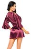 Luxurius Soft Silky Burgundy Satin Floral Embroidery Lace Accents Short Sleeves Peignoir Robe & Thong Set One Size