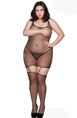 Ladies Beautiful Plus Size Black Fishnet Halterneck Dress Style Mock Hold Ups Glitter Trim Bodystocking - One Size