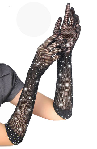 Glamorous Black Fishnet Sparkle Rhinestones Stretchy Gloves One Size