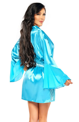 Elegant Turquoise Luxurious Soft Satin Wide Flared Sleeves Lace Side Short Robe Dressing Gown & Thong Set