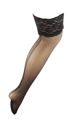 Ladies Stunning Small Weave Fishnet Invisible Toes Back Seam Floral Lace Top Hold Ups - Black Or Red