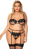 Ladies Gorgeous Sheer Mesh Black Floral Embroidered Lace Underweired Bra, Thong & Suspender Belt Set