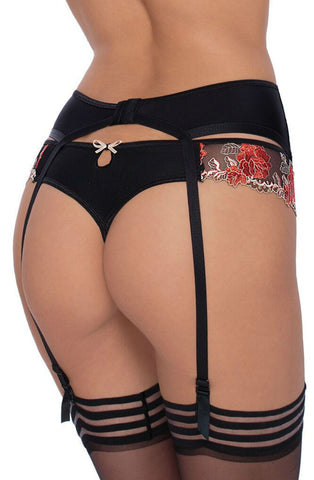 Sexy Ladies Large Rose Embroidered Lace Up Trim Thong A107