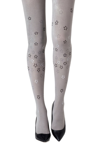 Ladies Stunning Black Silver Air Blossoming Prints 100 Denier Opaque Grey Tights
